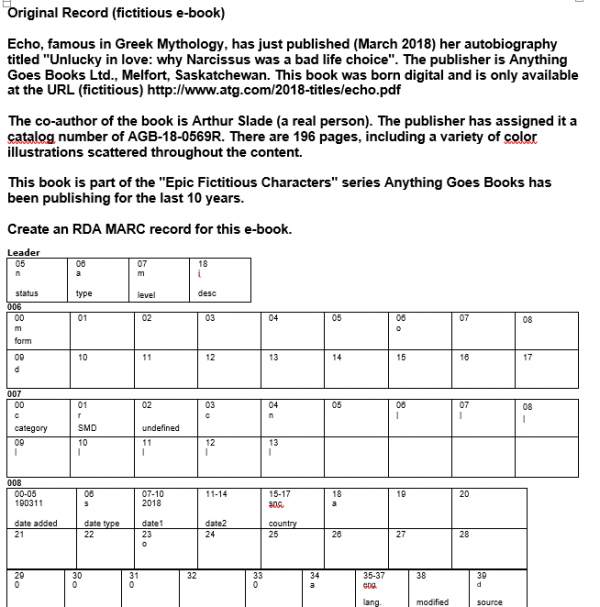 Figure 1:  Part 1 - Catalogue record of fictitious e-book.