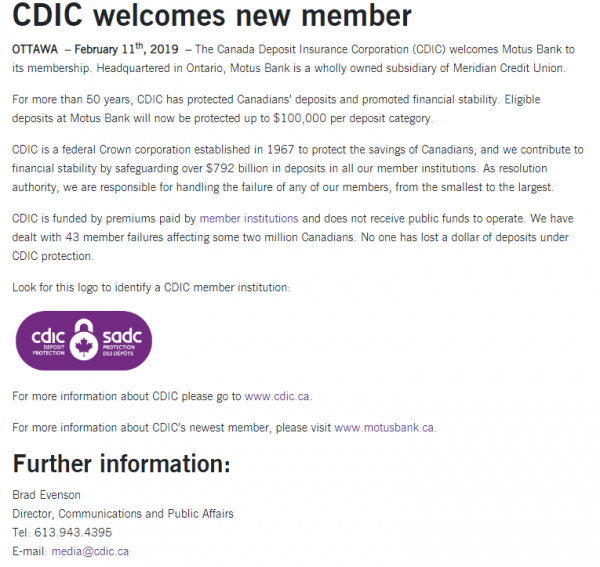 Figure 1:  CDIC press release dated April 2 2019 welcoming Motus Bank as a CDIC member institution