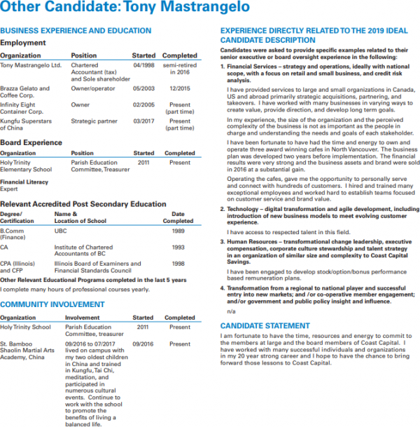 Figure 1:  Coast Capital Savings Federal Credit Union non-endorsed director candidate for 2019 Tony Mastrangelo