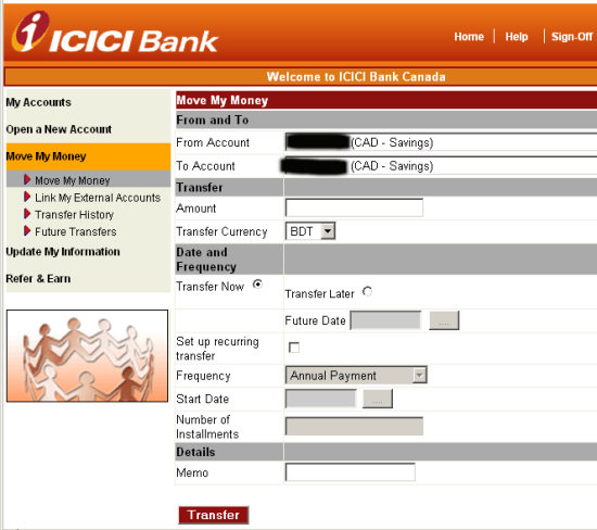 A screenshot of the ICICI online interface
