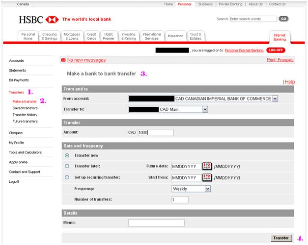 Transfer page HSBC Direct