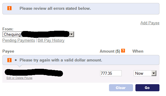 ING bill payment amount error
